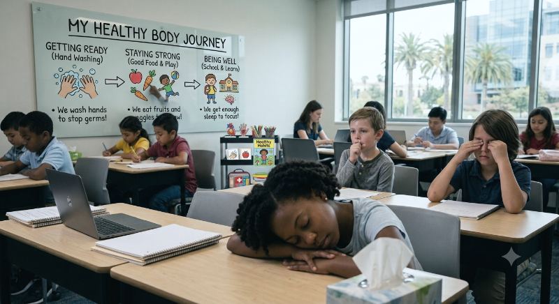 Students at desks in a classroom with a healthy habits display board