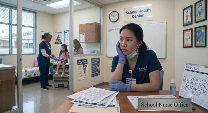 School nurse at her desk in a school health center office