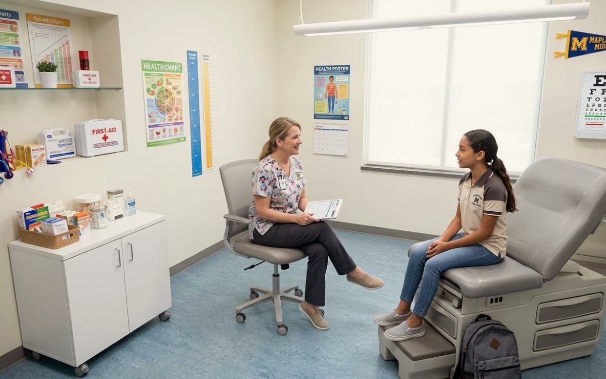 School nurse talking with a student in an exam room