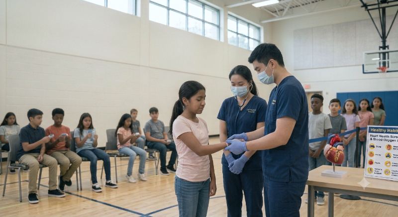 School nurses checking a student's health in a school gymnasium