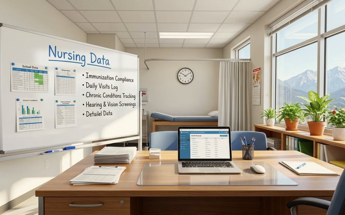 Sunlit school nurse office with a desk, cot, and whiteboard