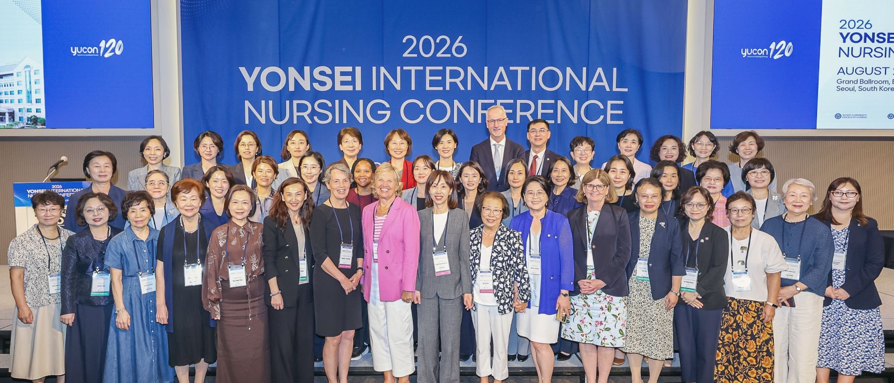 Conference delegates gathered on stage beneath the 2026 Yonsei International Nursing Conference banner
