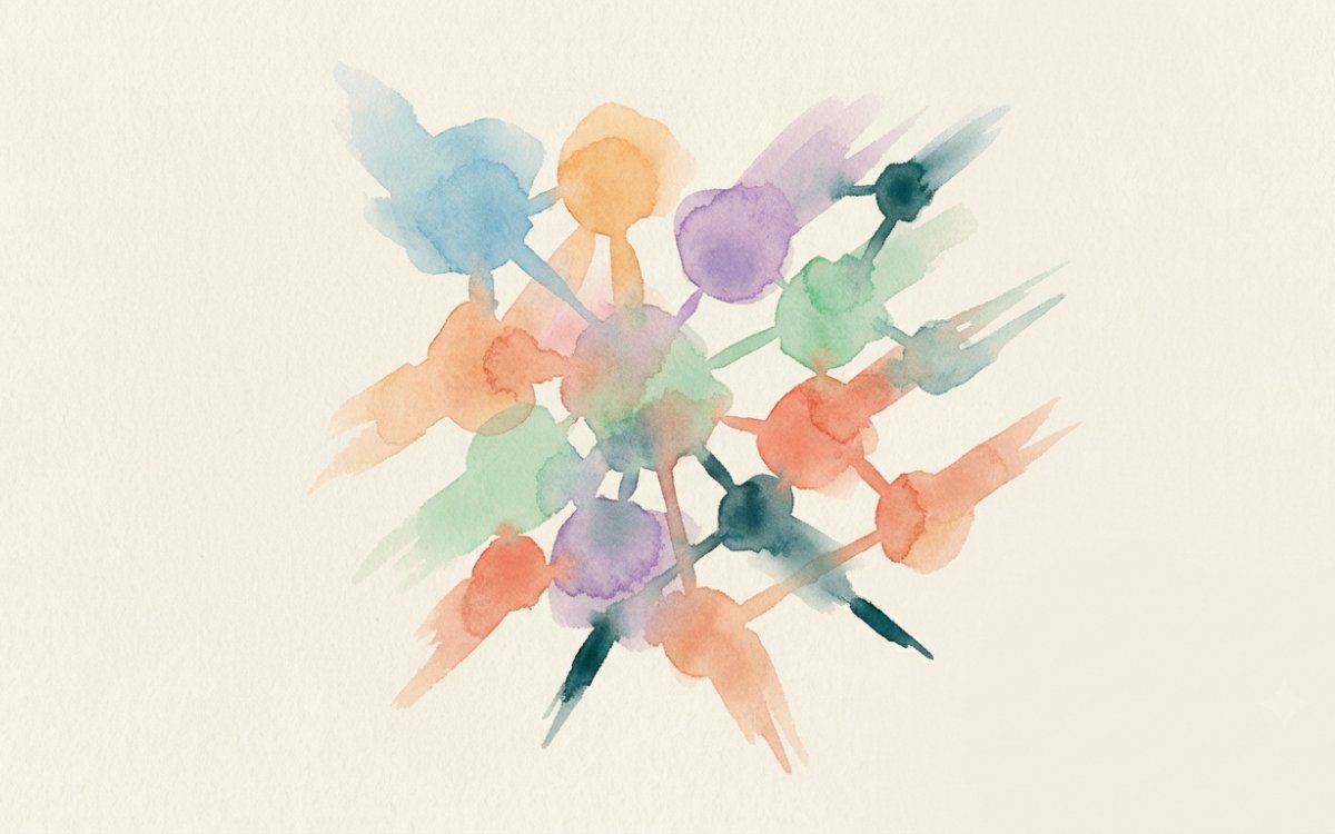 Watercolor network of connected nodes in the site's palette on textured paper